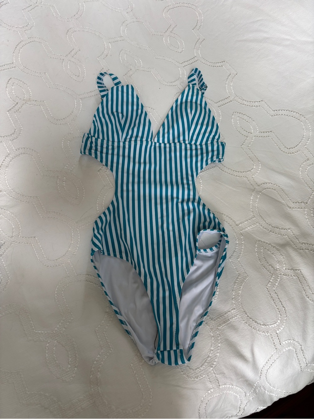 Cupshe Teal & White Vertical-Stripe Cutout One-Piece Swimsuit